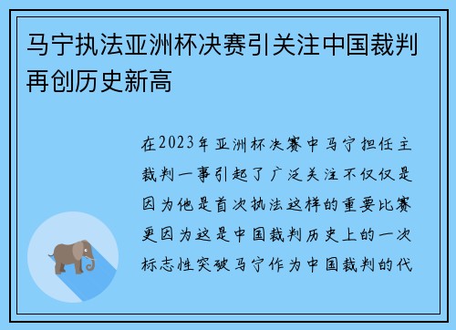 马宁执法亚洲杯决赛引关注中国裁判再创历史新高
