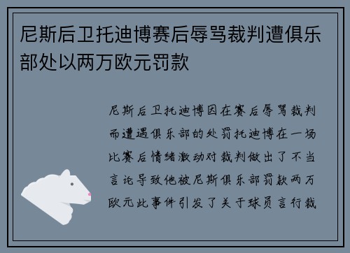 尼斯后卫托迪博赛后辱骂裁判遭俱乐部处以两万欧元罚款